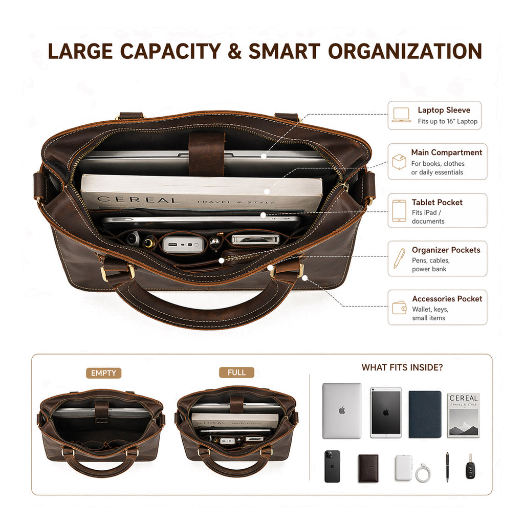 The Attaché — Full Grain Leather Briefcase & Laptop Bag
