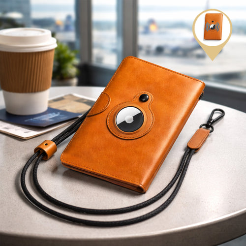 Full Grain Leather Passport Wallet with AirTag Slot – Multi-Slot Card Organizer