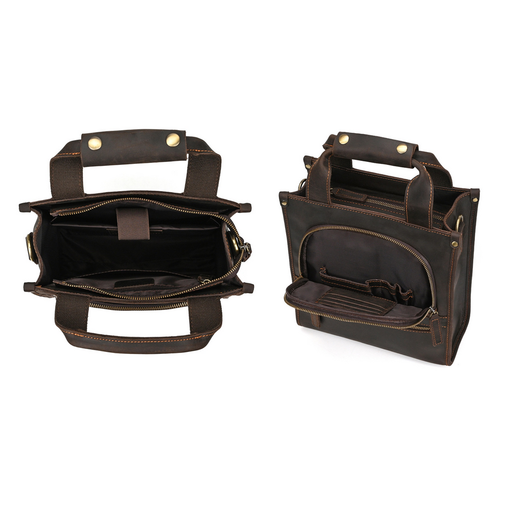 Crazy Horse Leather Satchel — Shoulder Bag with Multi-Pocket