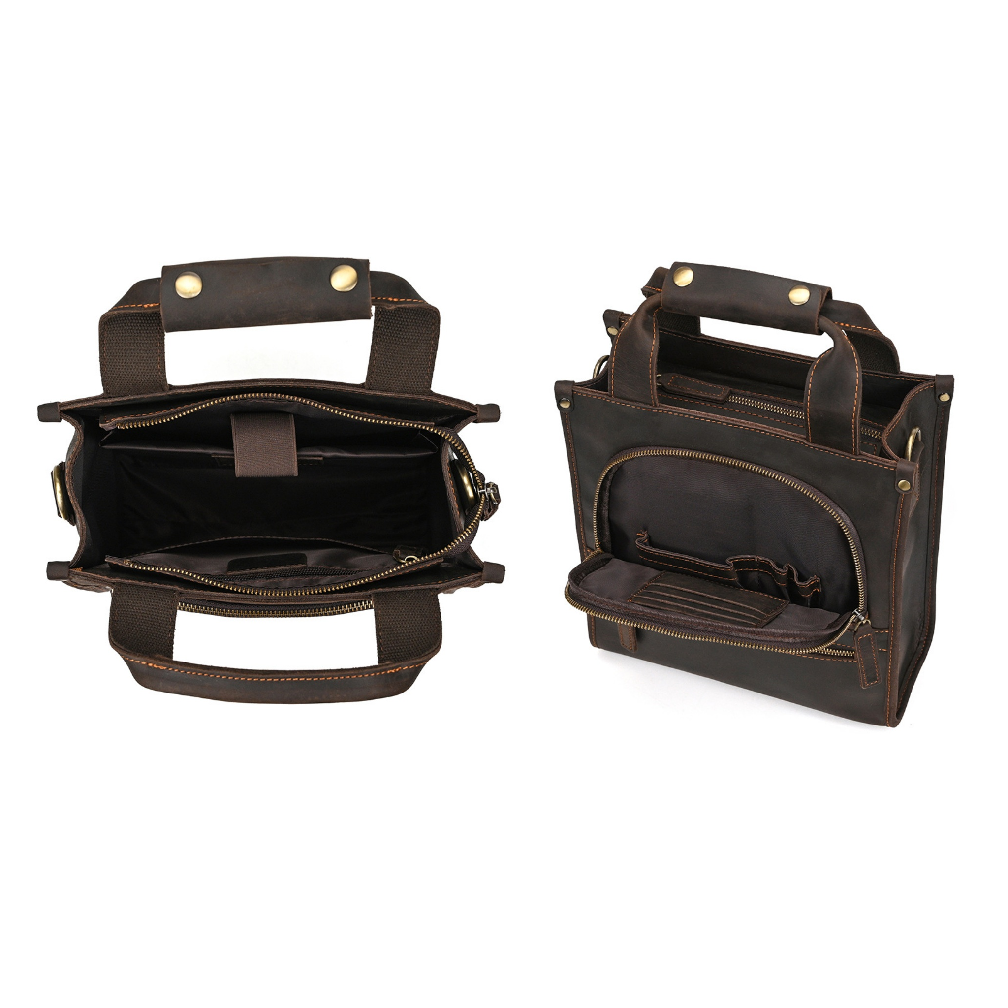 Crazy Horse Leather Satchel — Shoulder Bag with Multi-Pocket