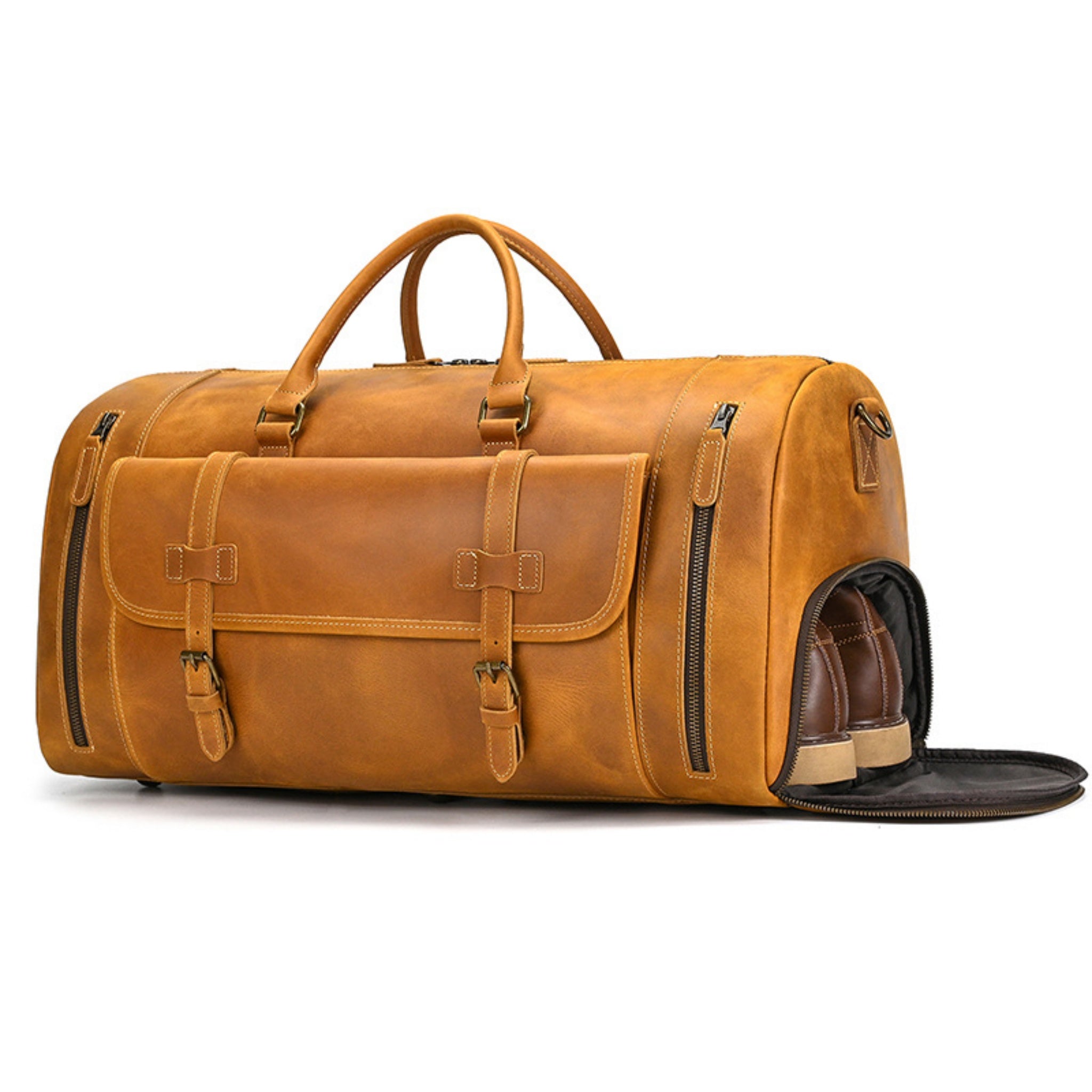 Crazy Horse Leather Duffel Bag | Weekender with Shoe Compartment & Multi-Carry