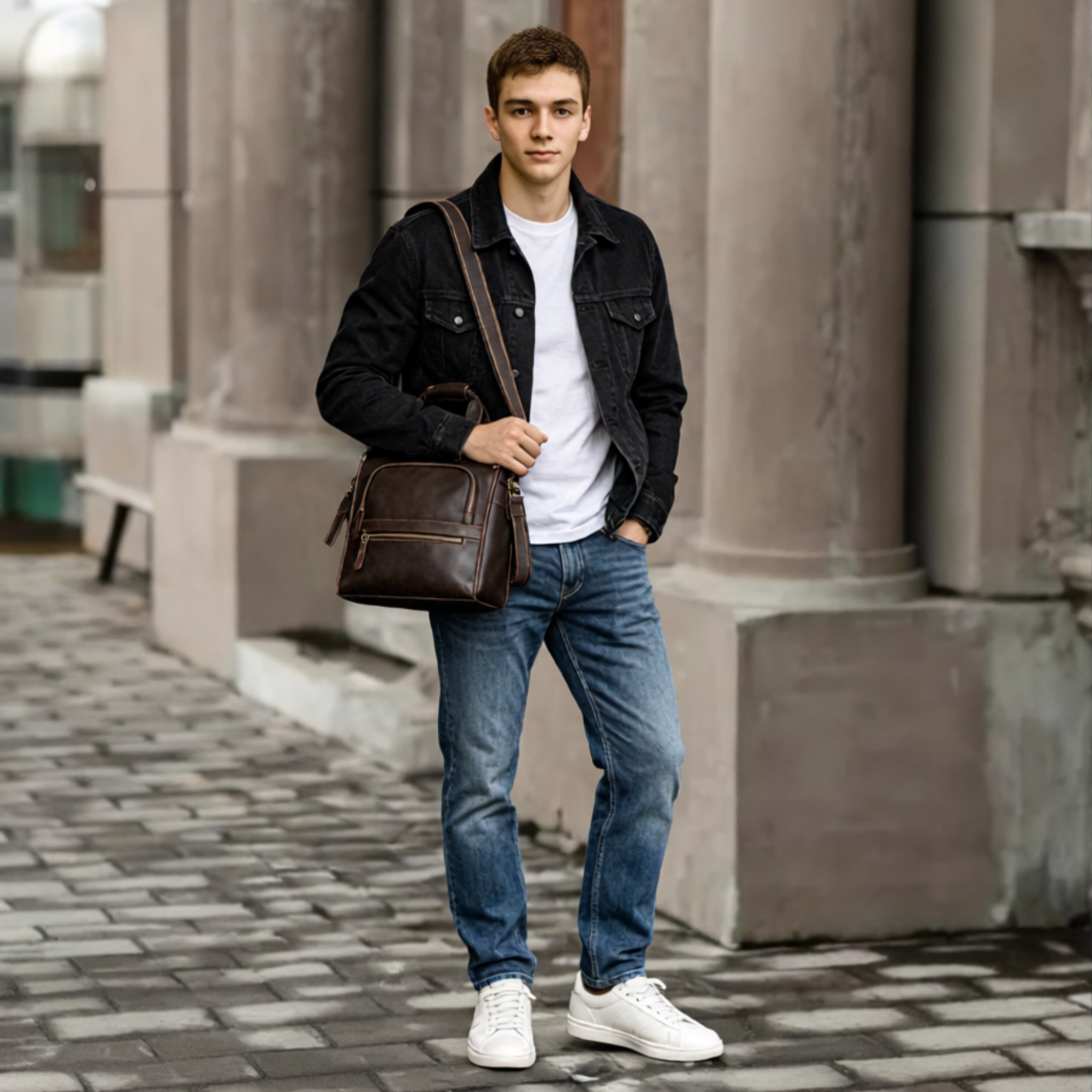 Crazy Horse Leather Satchel — Shoulder Bag with Multi-Pocket