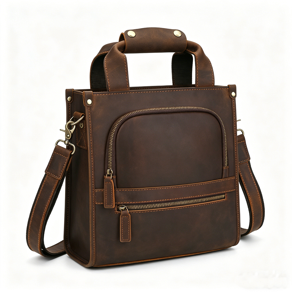 Crazy Horse Leather Satchel — Shoulder Bag with Multi-Pocket