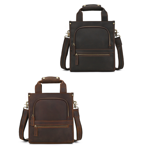 Crazy Horse Leather Satchel — Shoulder Bag with Multi-Pocket