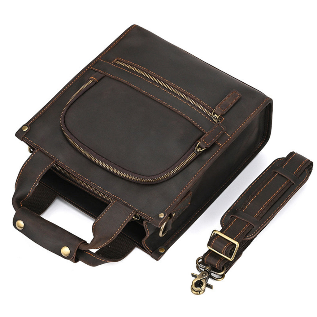 Crazy Horse Leather Satchel — Shoulder Bag with Multi-Pocket