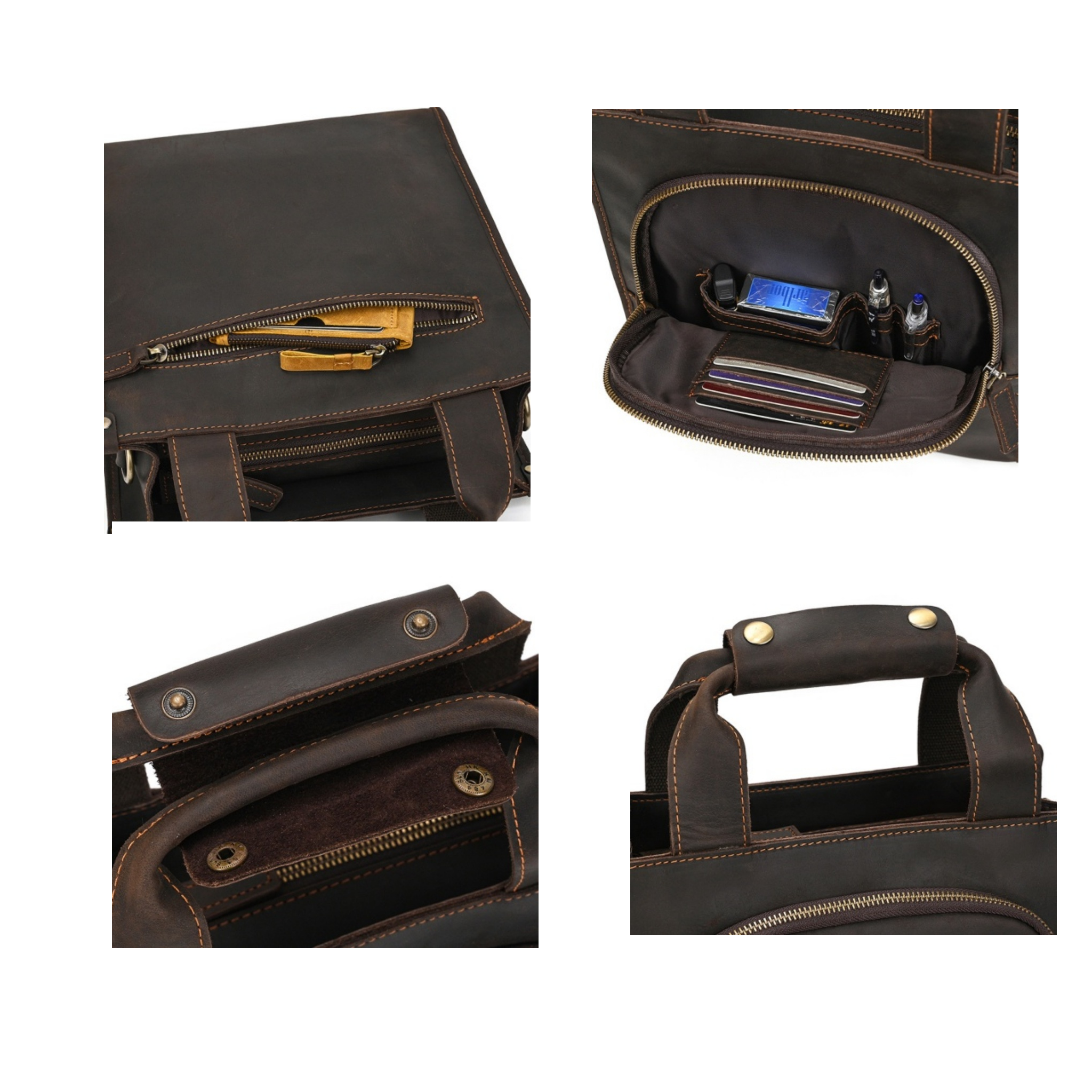 Crazy Horse Leather Satchel — Shoulder Bag with Multi-Pocket